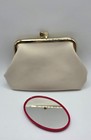 Vintage 1970s Huhloong Cream Vinyl Coin Purse Mirror Set Kiss Lock Retro Vanity