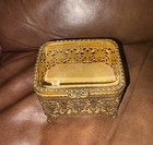 Vintage Ormolu Footed Jewelry Casket Gold Filigree Trinket Box Glass Lid Vanity