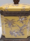 Vintage Oriental Crackled Glaze Porcelain  Hexagonal Box With Stand Bronze Tone