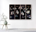 Antique Oriental Black Lacquer Wall Panels 4pc Set Mother Of Pearl Floral 36x12   