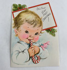Vintage Mid Century Christmas Greeting Card Cute Baby Rosy Cheeks Candy Cane