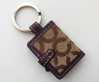 Coach Mini Signature Photo Key Chain Ring Pinck Heart Leather Canvas Round Charm