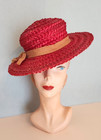Vintage 1950s 1960s Straw Raffia Red Sun Hat