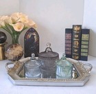 New  3 Ribbed Glass Vanity Yurt Style Jars Set W  Silver Faux Metal Mirror Tray 