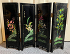 Vtg Oriental Chinese Black Laquer 4 Panel Dividing Screen Floral Hand Painted