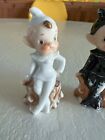 Vintage Ceramic Porcelain Pixie Elves Sitting On A Stump Japan 1950s Set Of 2