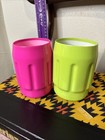 2 Vtg Coleman Lantern Logo Pink Lime Beer Soda Pop Can Coozie Koozie Camping