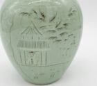 Mid 20thc Artist Signed Korean Celadon Pottery Vase With Pond Scene Person Crane
