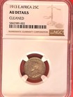 1913 East Africa   Uganda 25 Cents - Silver Lion Coin - Ngc Au Details  3 14 