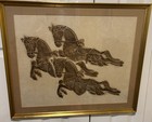 Vintage Thai Temple Rubbing Of Three Horses Framed Rice Paper Artwork 
