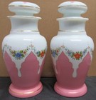 Bohemian Glass Apothecary Drug Jars Pair Floral Pink White 10 5 Inch