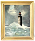 Original Antique Marine Seascape Lighthouse Art Painting  Unsigned  Oil  Framed