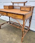 Rare Vintage 70s British Colonial Burnt Bamboo   Grasscloth Pagoda Desk Tortoise