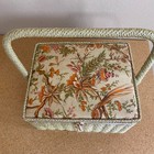 Vtg Wicker Sewing Basket Floral Padded Hinged Lid W  Handle   Tray Insert 10x8x6