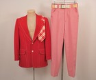 Men s Vtg 70s Red   White 2 Pc Leisure Suit W Tie Sz S 1970s Disco Polyester