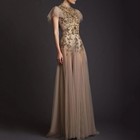 Elegant Champagne Women Prom Dresses Short Sleeves Appliques Evening Party Gowns