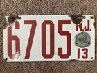 1913 New Jersey Porcelain License Plate - 6705 - With Badge - Nice 