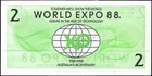 World Currency 1988 Australia World Expo 2 Dollars Bicentenary Uncirculated Note