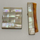 Vintage Mother Of Pearl Brass Compact Mirror Retractable Hair Comb Set Abalone