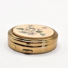 Vintage Gold Tone Round Pill Box Violet Floral Cream Enamel Hinged Trinket Case