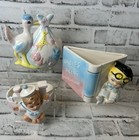 Vintage Baby Nursery Ceramic Planter Set Stork  Book  Sailor Pastel Decor