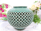 Korean Double Walled Reticulated Celadon Pottery Vase Cranes Sage Green