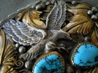 Native American Kingman Turquoise Sterling Silver Eagle Gold Leaves Belt Buckle