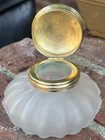 Antique Fluted Frosted Thick Glass Base Inkwell With Hinged Brass Lid Collar