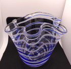 Vintage Blue   White Spiral Art Glass Handkerchief Vase 6 5  Tall