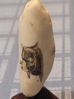 Vintage Scrimshaw Style Engraved Tooth With Bear Figure On Wood Stand
