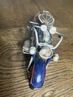 Vintage Handmade Iron Motorcycle Model Rustic Metal Art Motorbike Sculpture Blue