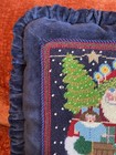 Christmas Santa Toys Needlepoint Accent Pillow Ruffled Navy Blue Velvet