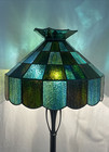 Vtg 18  Stained Slag Glass Lamp Shade Arts Crafts Deco Blue  Green Tiffany Style