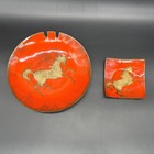 Vintage Mid Century Modern Copper Enamel Unicorn Dishes Retro Red Gold Plates