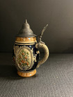 Vintage German Beer Stein  Pewter Lid  Tavern Scene   Floral Motif  7  Tall
