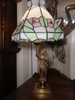 Antique Brass Bronze Statue Lamp Lady With Cornucopia Tiffany Style Glass Shade 