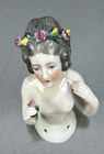 German Porcelain Half Doll Pin Cushion Doll Holding Flowers 1920s 30s 3 25 