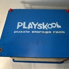 Vintage 70s Playskool Puzzle Rack W  12 Wooden Puzzles Disney Barney More