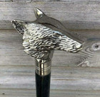 Antique Chrome Wolf Head Handle Vintage Wooden Inlay Cane Walking Stick Gift New
