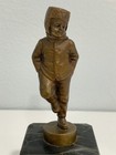 Antique Bronze Boy Wearing Hat Statue   Sculpture Figurine On Black Marble Base