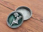 Vintage Metal Pewter  Green Enamel Cherub Lid Small Trinket Box Made In Mexico