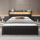 Full Queen Size Bed Frame With 2-tier Storage Headboard And Storage Drawers