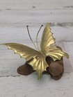 Vtg Brass Butterfly Figure Burl Driftwood Base Brutalist Retro Metal Art 