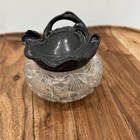 Vintage Cut Glass Dresser Vanity Hair Receiver Powder Jar Silver Lid