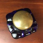 Antique Vintage Cobalt Blue Colored Glass Inkwell Hinged Brass Lid Ink Bottle