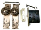 Antique Door Set Victorian   Eastlake Backplate Knob Mortise Lock Key Reclaimed