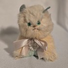 Vtg Cat Kitten Stuffed Plush White Rabbit Fur Green Eyes Pink Ribbon Elsner 50 s