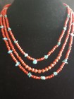 Estate Sterling Silver Red Sponge Coral Green Turquoise 3 Strands Necklace 20 