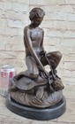 Bronze Sculpture Nude Boy With Turtle Art Deco Figurine Figure Statue Home Art