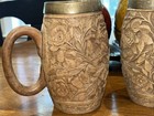 Old Set Of 3 Different Hand Carved Wooden Tankard Mugs  Brass Insert -very Nice 